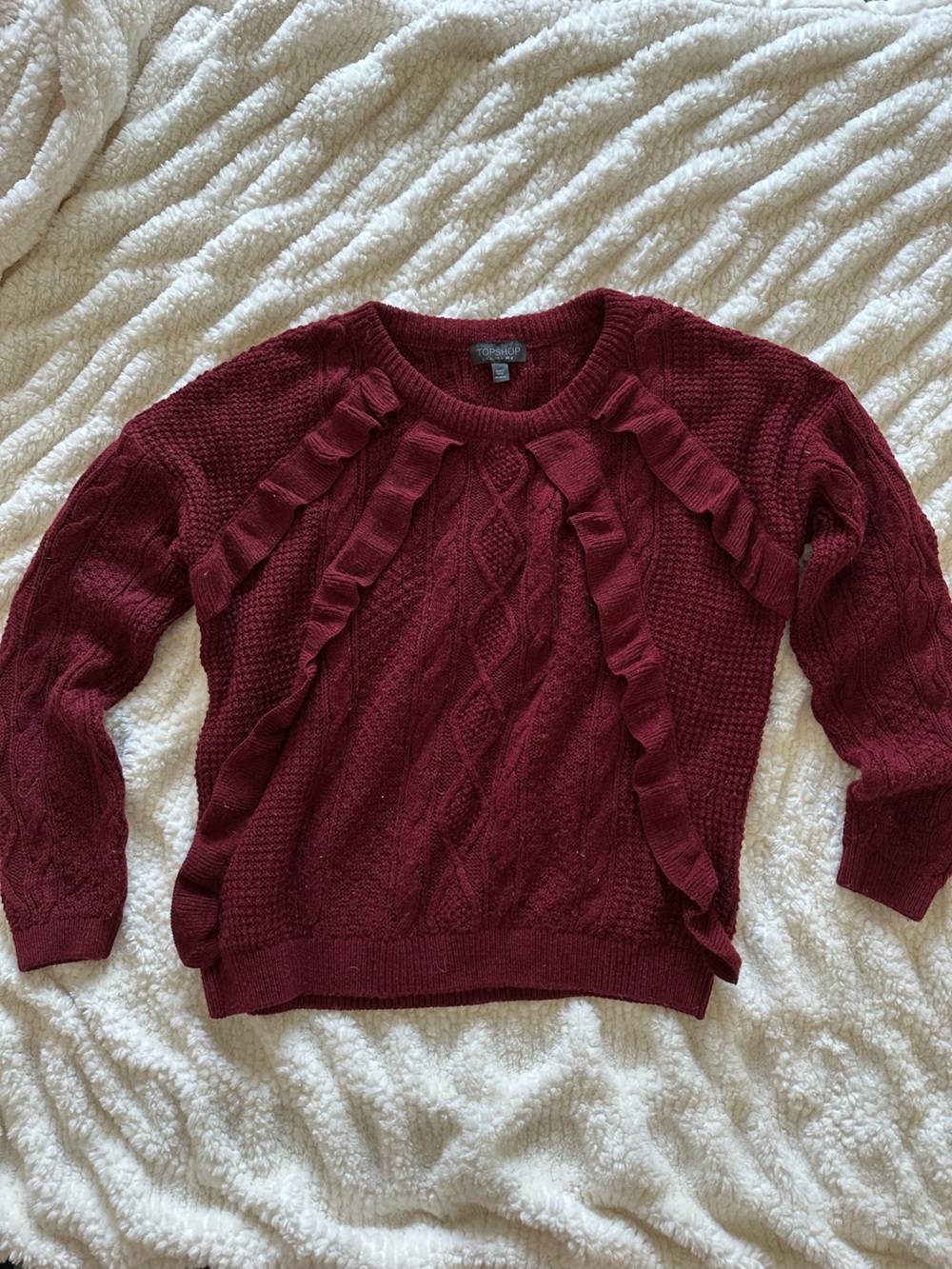 Topshop Maroon Ruffle Cable Knit Crewneck Sweater